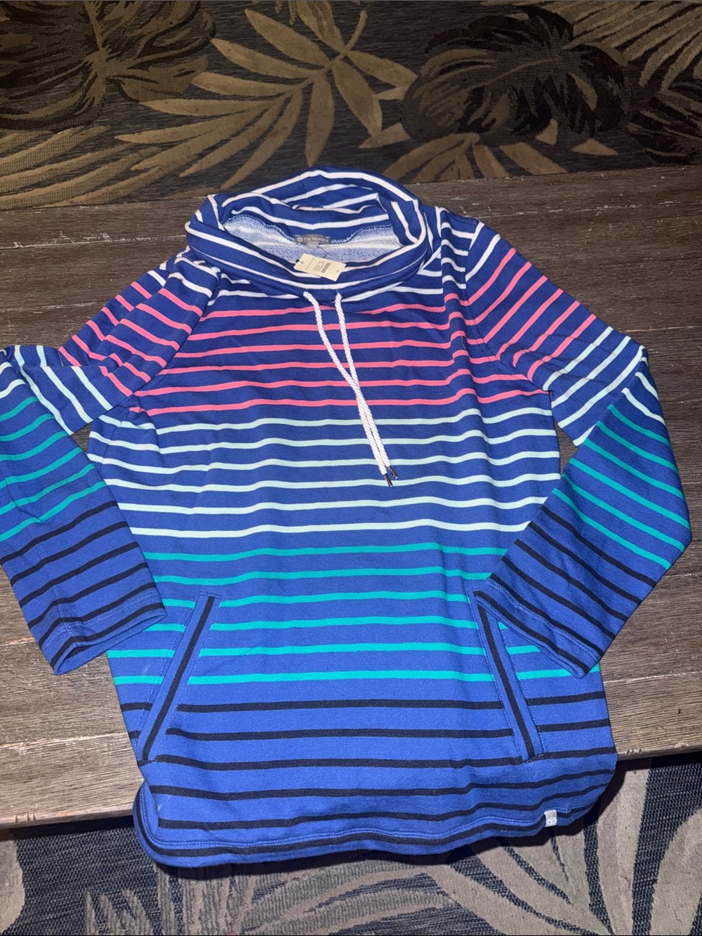 New T By Talbots Blue Multi Color Stripe Pullover Cowl Neck Sweatshirt M NWT